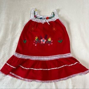 Mexican Style Dress Size 4 Crochet top, Red Dress with Floral Embroidery